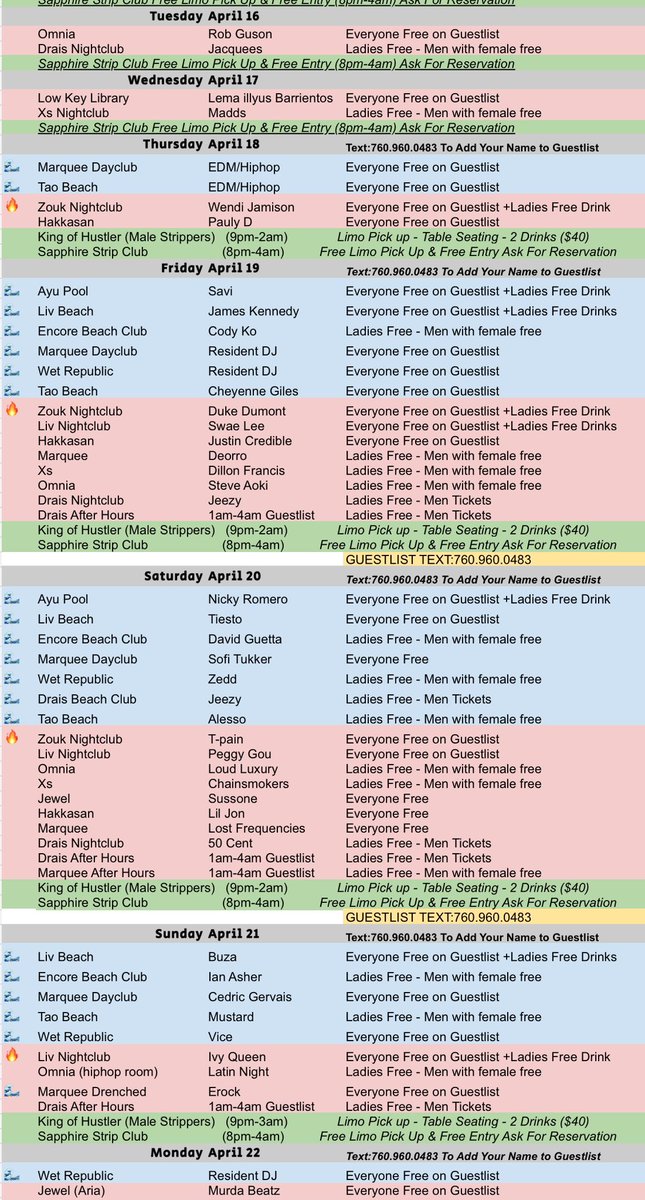 chasevip's tweet photo. This weeks list of Nightclubs and Dayclubs in Las Vegas !
Text me for Tables or Free Guestlist
760.960.0483
https://t.co/aki8QSARmh
April 19 20 21
#Livnightclub #Livbeach #Omnia #Hakkasan #Taobeach #Zouk #Ayu #Wetrepublic #encorebeachclub #Xs #Tiesto #PeggyGou #Ivyqueen #aoki https://t.co/EMYSXCnsMz