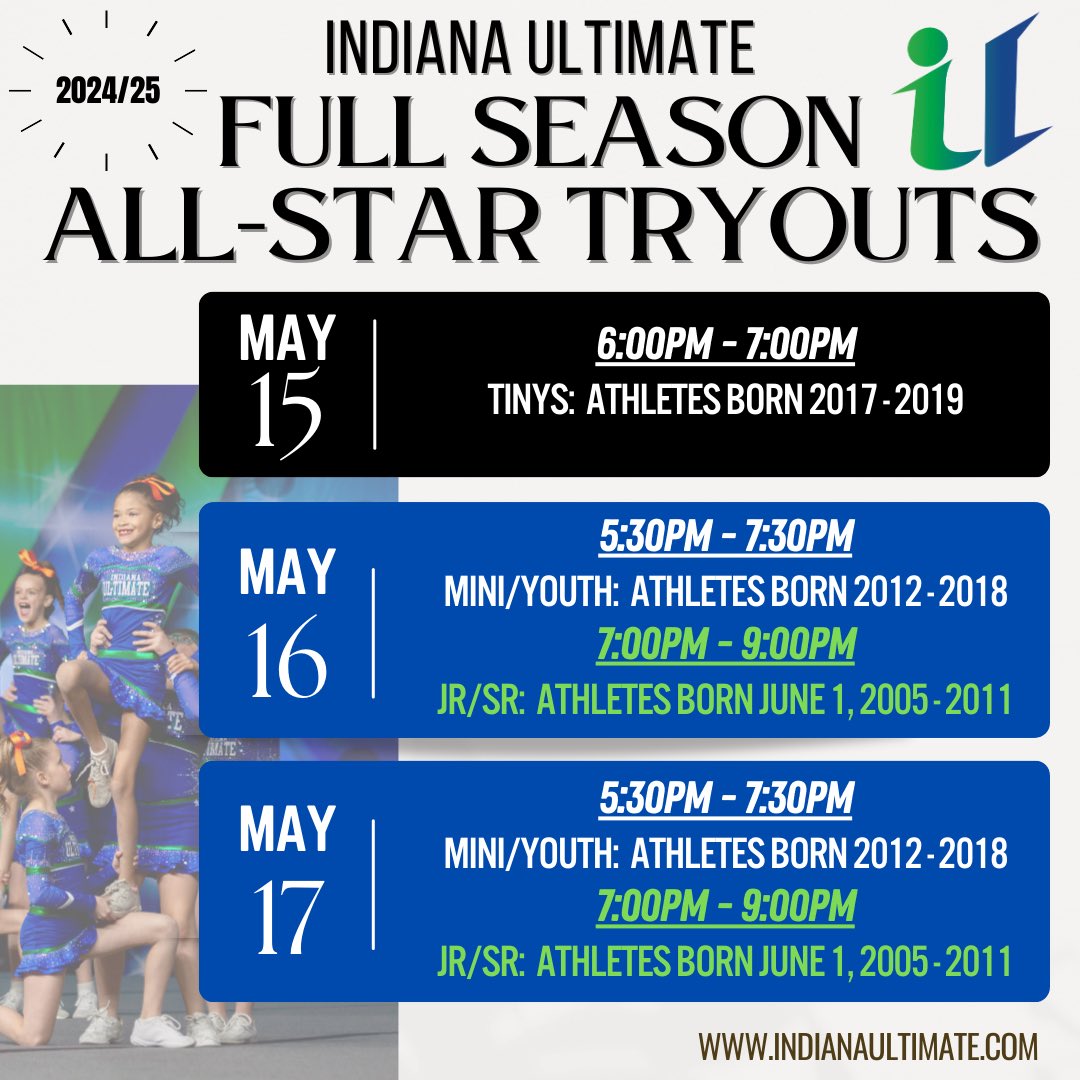 ‼️2024/25 Full Season Allstar Tryout Registration is NOW AVAILABLE‼️

Register here⬇️

iuelkhart.com/all-star-tryou…

☀️🦩EARLY BIRD SPECIAL: Register by 4/24/24 and receive $15 off!

We are so EXCITED for Season 19!!!!

#allstartryouts #tryouts #season19 #indianaultimate #allstarcheer