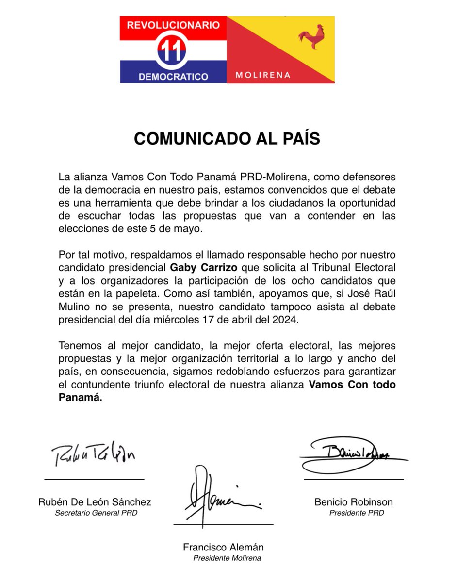 Comunicado: La alianza Vamos Con Todo Panamá PRD-Molirena, como defensores de la democracia en nuestro país, estamos convencidos que el debate es una herramienta que debe brindar a los ciudadanos la oportunidad de escuchar todas las propuestas que van a contender en las