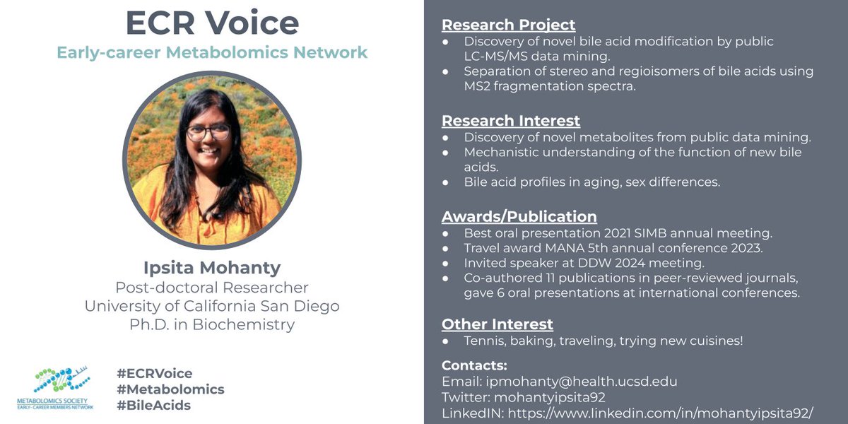 Introducing Ipsita for #ECRVoices @mohantyipsita92 is working on #BileAcids and she is based in San Diego, USA 🇺🇸