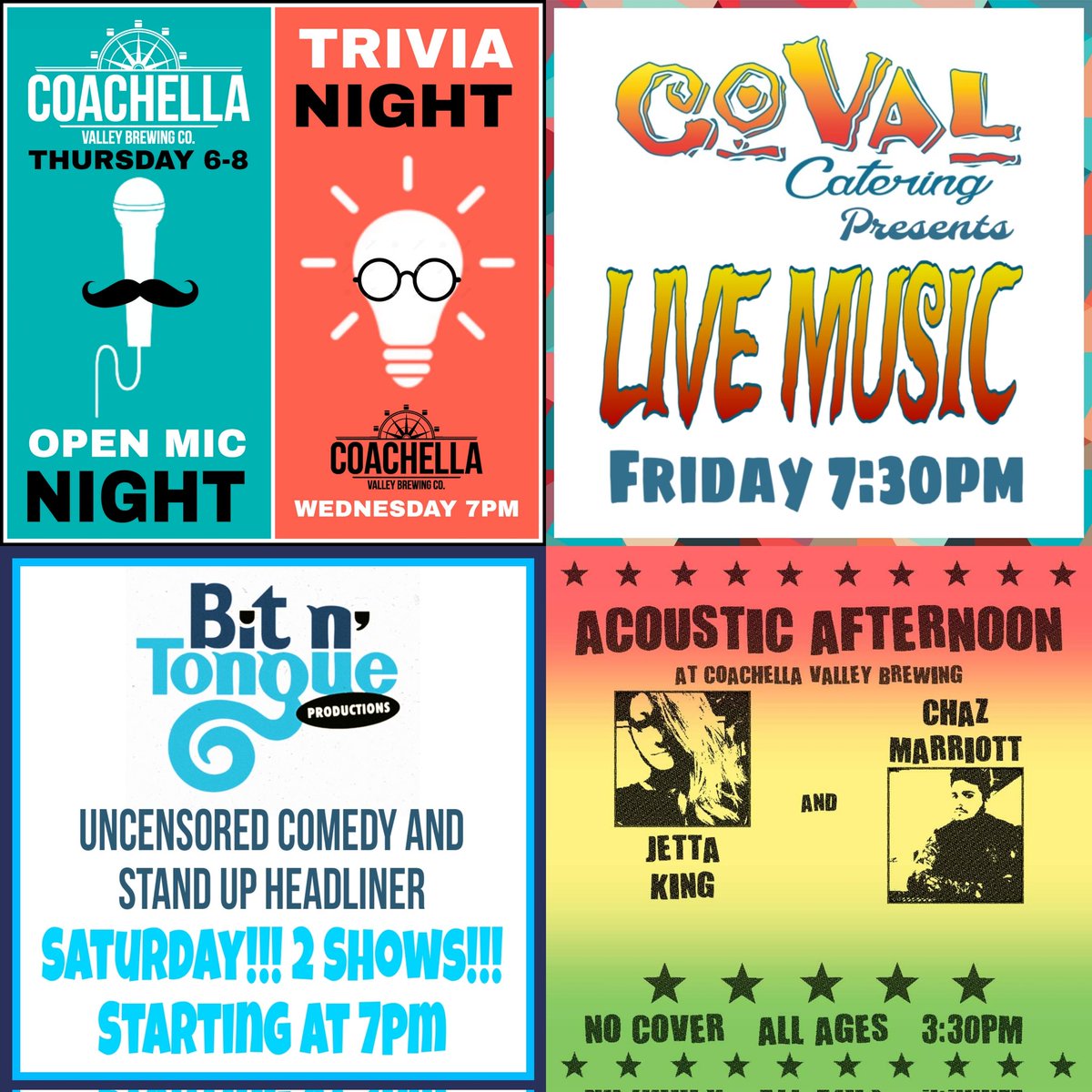 This week at CV Brewing! Wed-Trivia Thur-Open Mic Fri-Coval presents Live Music Sat-Bit N Tongue Comedy Sun-Acoustic Afternoon