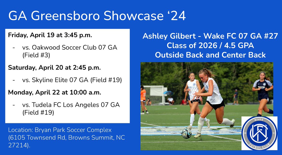 Can’t wait for the GA Greensboro Showcase this weekend. Come and watch us play!! @GAcademyLeague @WakeFC07 @ImCollegeSoccer @ImYouthSoccer