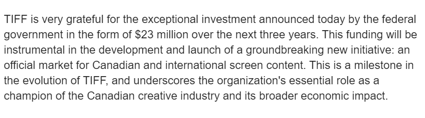 HertzBarry's tweet photo. And here's what @TIFF_NET will use that $23M over three years from the 2024 federal budget for: the development and launch of an official market for Canadian and international screen content. https://t.co/Qip0NV3Tck