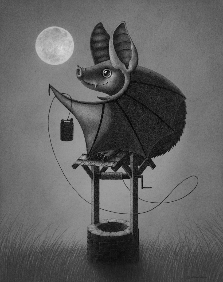 How cute! @julietschreckinger's newest work “The Protector of the Wishing Well” is now showing in @archenemyarts 12 year anniversary show! 

Contact the gallery for more details.

#beautifulbizarre #julietschreckinger #archenemyarts #batart #stippling #stipple #dotwork bats