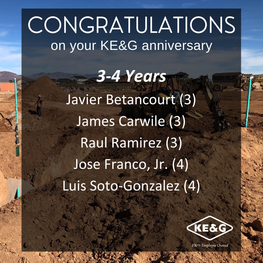 Congratulations on your work anniversary with KE&G! We appreciate you and all you do for the company.

#employeeanniversary #constructioncareers #kegconstruction #construction #heavycivilconstruction #ConstructingOurLegacy #esop #employeeownership