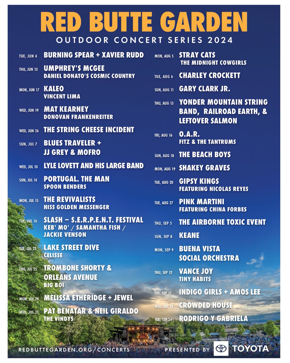 Tadaa! ✨ Oudoor Concert Series 2024 is here! Which shows are you excited for? 💚 Tickets go on sale to members on 4/29, and to the public on 5/2. Find more info here: redbuttegarden.org/concerts/