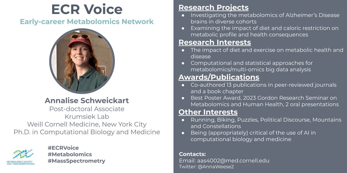 EMN_MetSoc's tweet photo. Introducing Annalise for #ECRVoices
@AnnaWeese2 is working on #Metabolomics and she is based in New York City, USA 🇺🇸 https://t.co/GuYFecXnaP