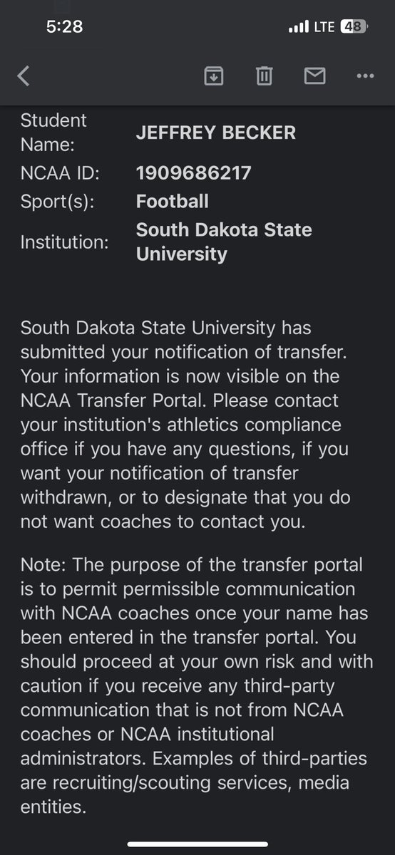 jeffbecker30's tweet image. Thank you South Dakota State, I am entering the transfer portal with 3 years of eligibility @TomLoy247 @farrellportal