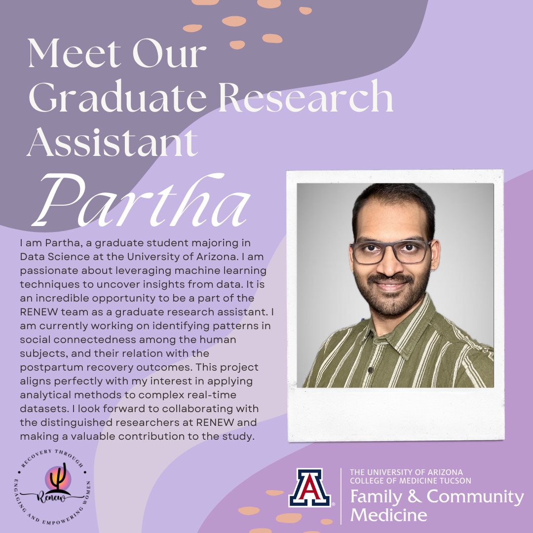 Meet our Graduate Research Assistant Partha. renew.arizona.edu/person/partha-…
#therenewteam #theuniversityofarizona #research #collegeofmedicine #uacollegeofmedicine #tucson #arizona #clinicalresearch #womenshealth