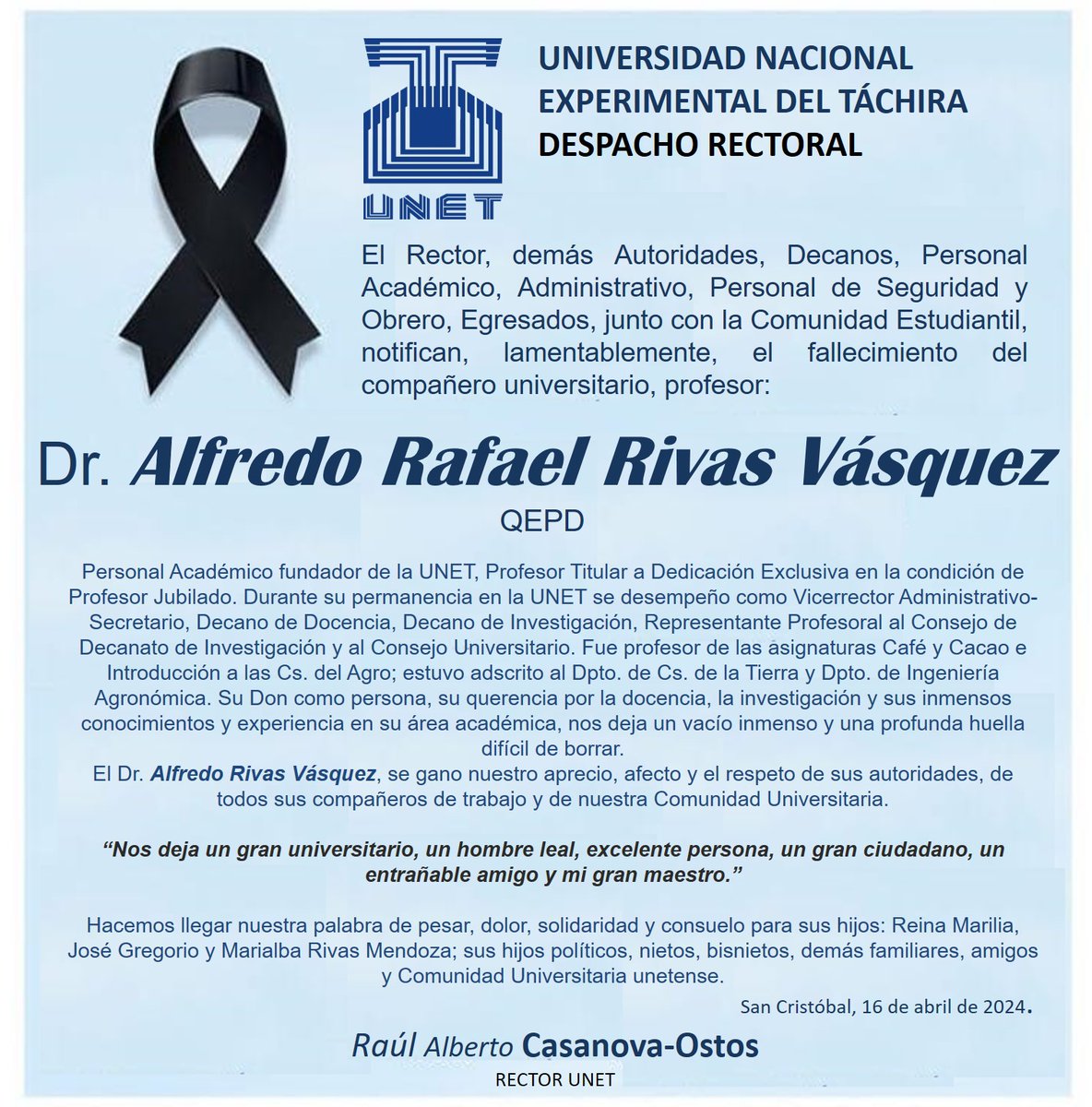 Abejaarr's tweet photo. La muerte por cualquier causa, es un peldaño más d la infinita escalera d la vida, es la amiga q viene a buscarnos cuando nuestra misión en este plano a culminado. 
Hoy se ha ido un ser d esos q no hay suficientes palabras para describir. Se trata del Dr. Alfredo Rivas Vásquez https://t.co/T9wE9geyVb