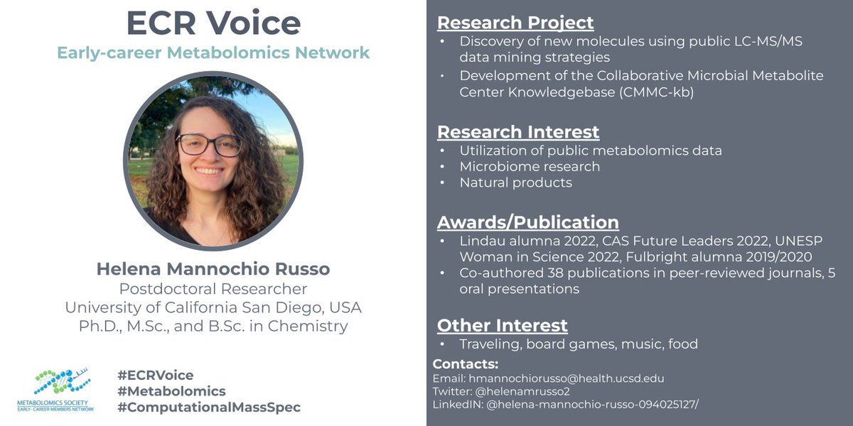 Introducing Helena for #ECRVoices
@helenamrusso2 is working on #ComputationalMassSpec and she is based in San Diego, USA 🇺🇸