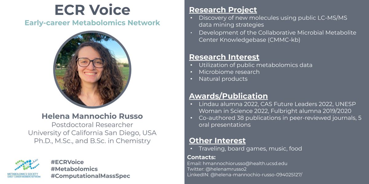 EMN Metabolomics Society (@emn_metsoc) on Twitter photo Introducing Helena for #ECRVoices
<a href="/helenamrusso2/">Helena Mannochio Russo</a> is working on #ComputationalMassSpec and she is based in San Diego, USA 🇺🇸 Introducing Helena for #ECRVoices
<a href="/helenamrusso2/">Helena Mannochio Russo</a> is working on #ComputationalMassSpec and she is based in San Diego, USA 🇺🇸