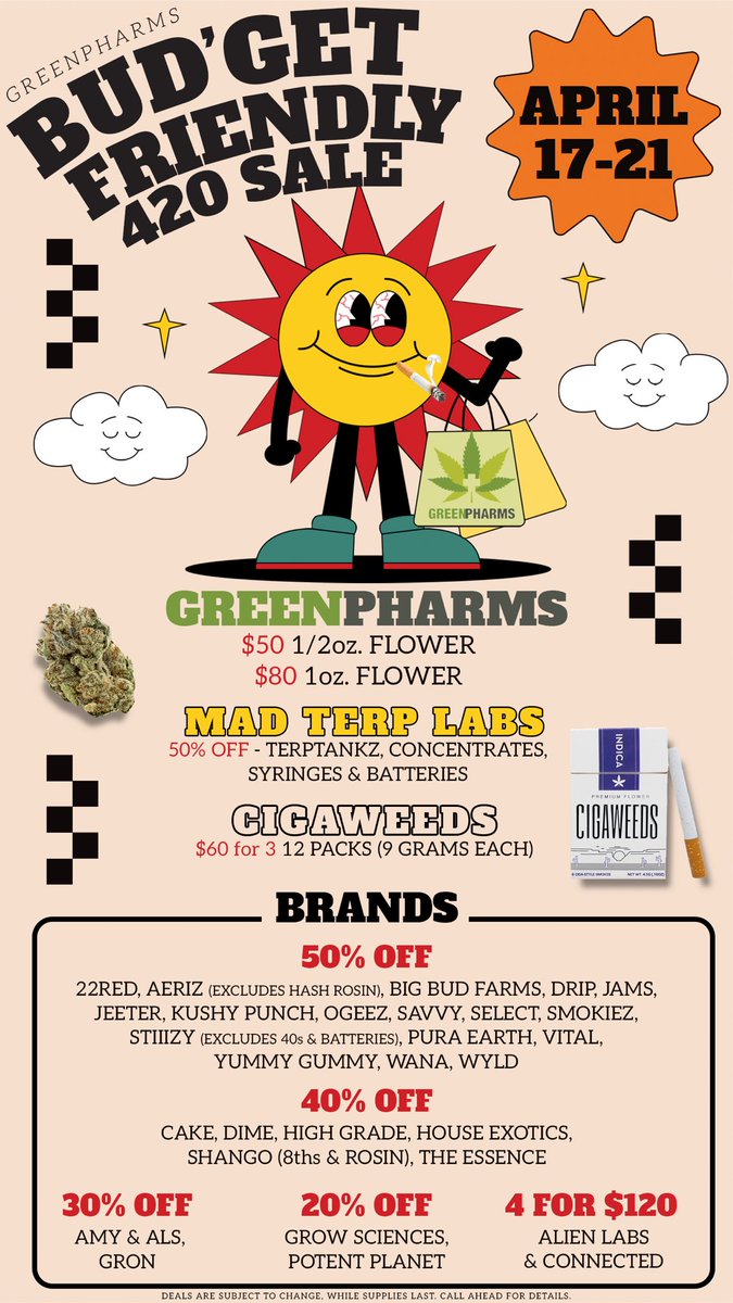 🚨OUR 4/20 SALE STARTS TOMORROW!!!!!!🚨
$80 OZ’s 
50% OFF @madterplabs 
50% OFF @passthejeeter 
50% OFF @stiiizy 
40% OFF @HighGrade_USA