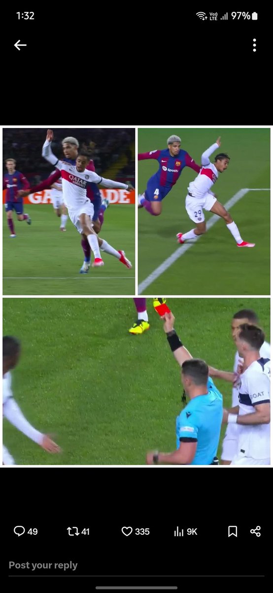 I will remember  you guys one more time that PSG can never defeat us 11 v 11 if this was not a red card I think  referee take the  game away from us. In any given day this is never a red card type tackle, I may sound biased but I have seen tackles like this. Anyways Visca Barca.