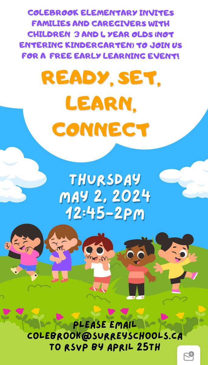 ColebrookLearns's tweet photo. Early Learning Events at Colebrook! Please email colebrook@surreyschools.ca with any questions :) https://t.co/PKWfKRvATw