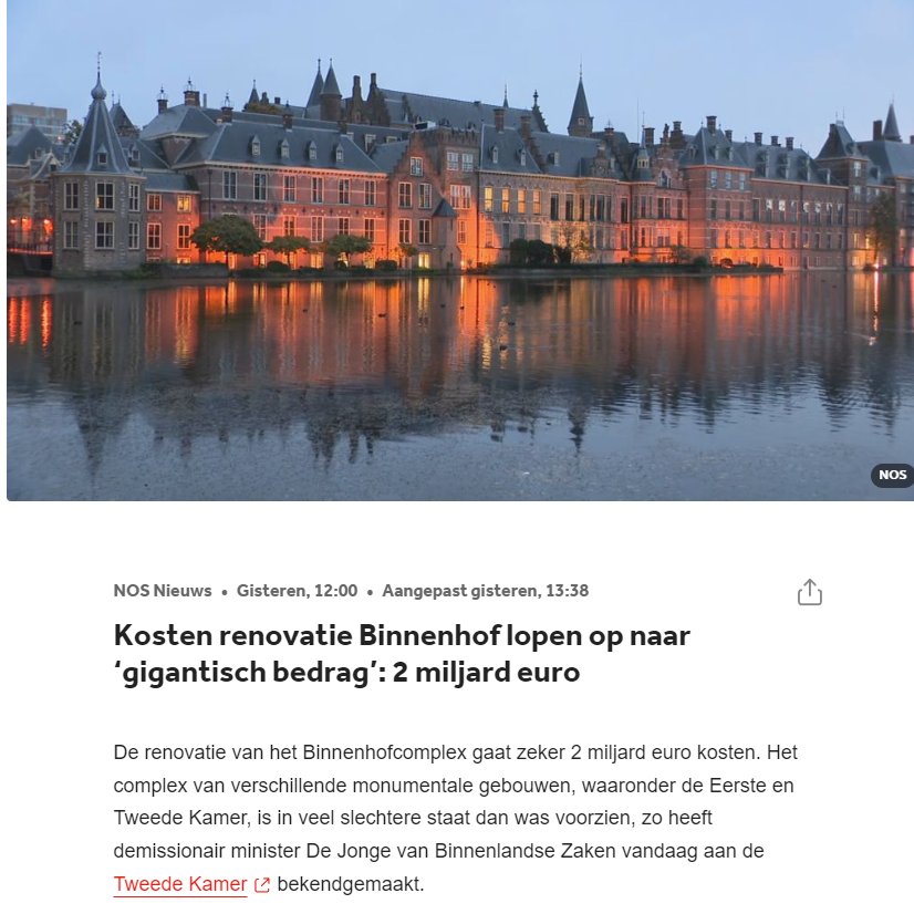 Ik heb een bezuinigingsvoorstel. De leden van de #EersteKamer en #TweedeKamer blijven gewoon vergaderen waar ze nu zitten! Dan hoeft het #Binnenhof niet gerenoveerd te worden. Laat alleen de muren staan zodat toeristen foto's ervan kunnen maken en klaar: 2 miljard euro bezuinigd!