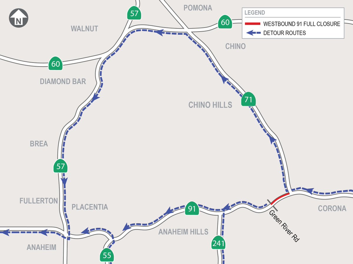 Closures Reminder 📍 Full westbound 91 closures begin tonight. Please follow posted detours or avoid the area. Details below: 🚧Full Westbound 91 Closures 🕒Tuesday – Wednesday nights, 10 p.m. to 4 a.m. 📍Northbound 71 connector to Green River Rd.