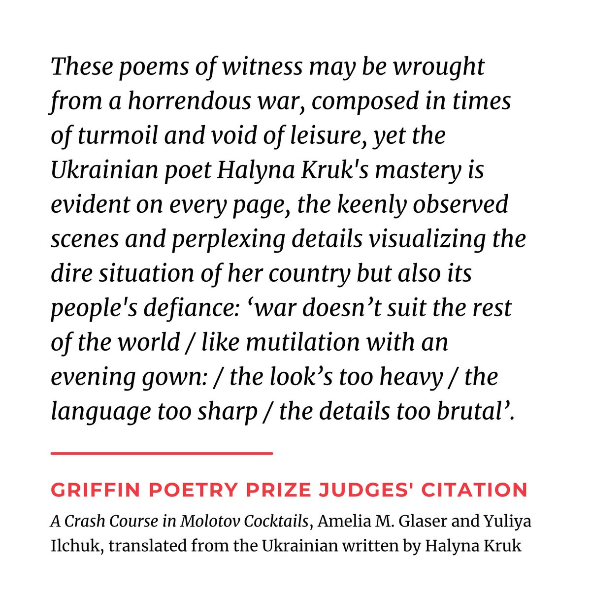 ✨A Crash Course in Molotov Cocktails, Amelia M. Glaser (USA) & Yuliya Ilchuk (Ukraine) translated from the Ukrainian written by Halyna Kruk (Ukraine)✨

Congratulations @aglaser, #YuliyaIlchuk, #HalynaKruk, & @arrowsmithpress!

#2024GriffinPoetryPrize

griffinpoetryprize.com/press/2024-sho…