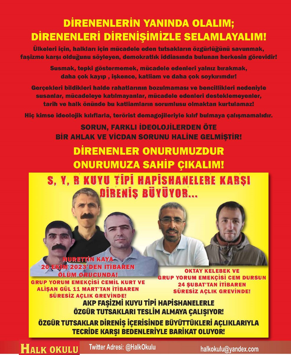 Kuyu Tipi hapishanelere karşı Nurettin Kaya ölüm orucu eyleminin 180. gününde! Oktay Kelebek ve Grup Yorum emekçisi Cem Dursun 24 Şubat; Alişan Gül ve Grup Yorum emekçisi Cemil Kurt 11 Mart'tan itibaren süresiz açlık grevinde! KUYU TİPİ HAPİSHANELER KAPATILSIN!