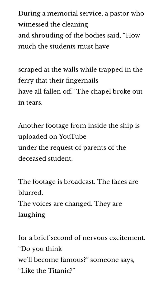 “My mom wakes me in the middle of the night. “If you are on a sinking ship,” she says, “Don’t trust anybody. Don’t listen to anybody.” 🖤 “South Korean Ferry Accident” by @thisisEJKoh