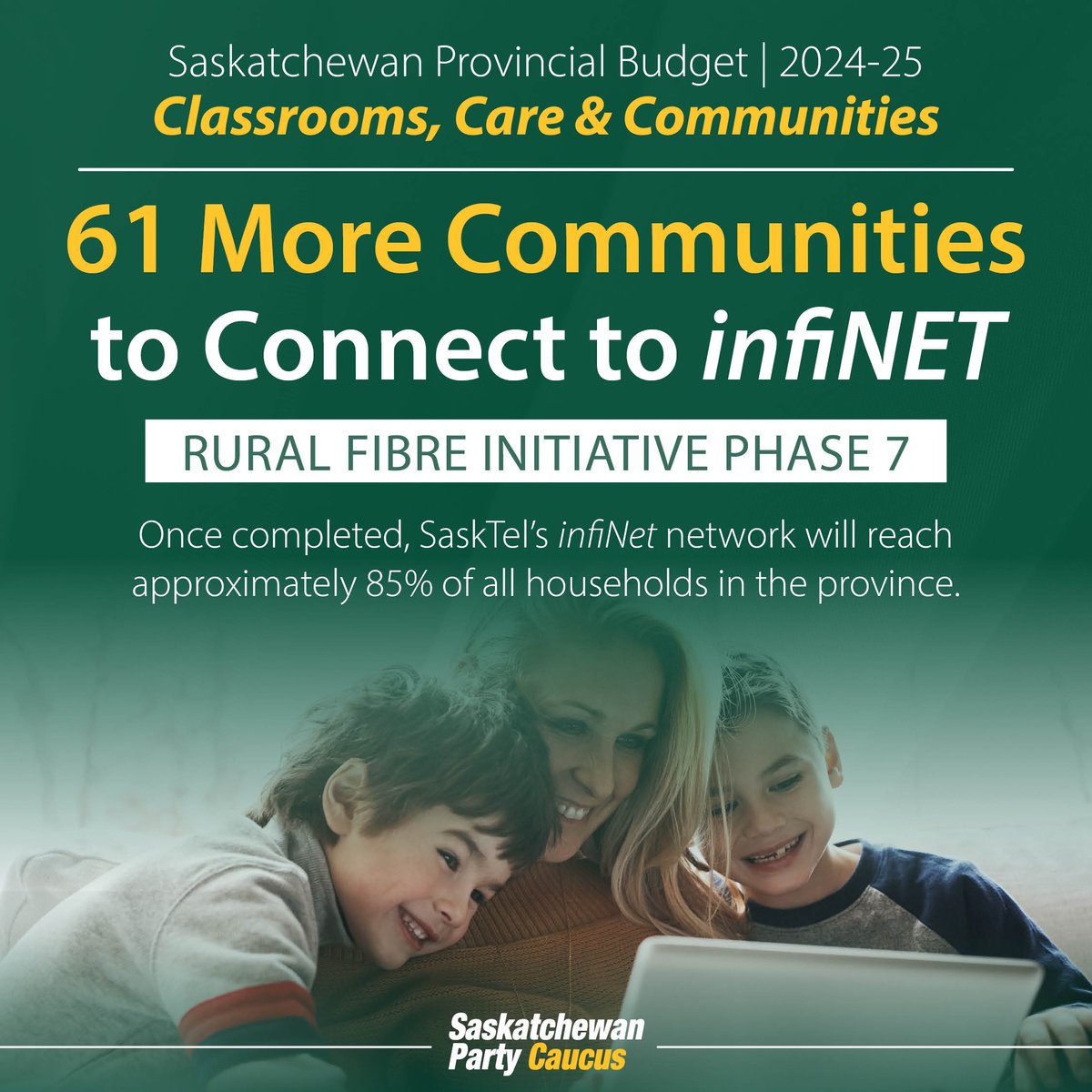 SaskTel will  invest over $1 billion to connect 225 communities. By expanding the infiNET and 5G networks across the province, it will ensure Saskatchewan remains one of the most well-connected regions in the country and an attractive place to start a family and grow a business.