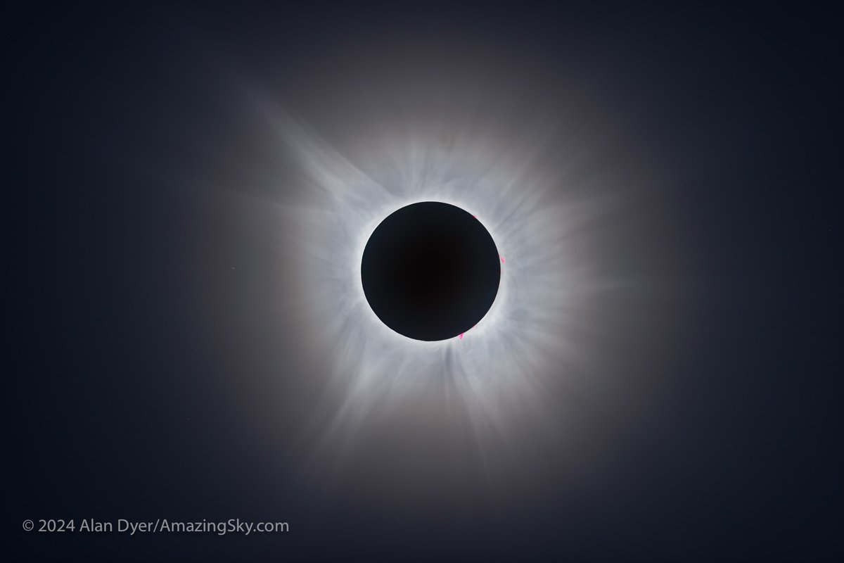 The April 8, 2024 total solar eclipse in a blend of 18 exposures from short (for the pink prominences) to long (for the coronal streamers) to try to match the view by eye and telescope. Shot thru a 105mm refractor from Lac Brome, Quebec. #TSE2024 #totalsolareclipse2024 @twanight