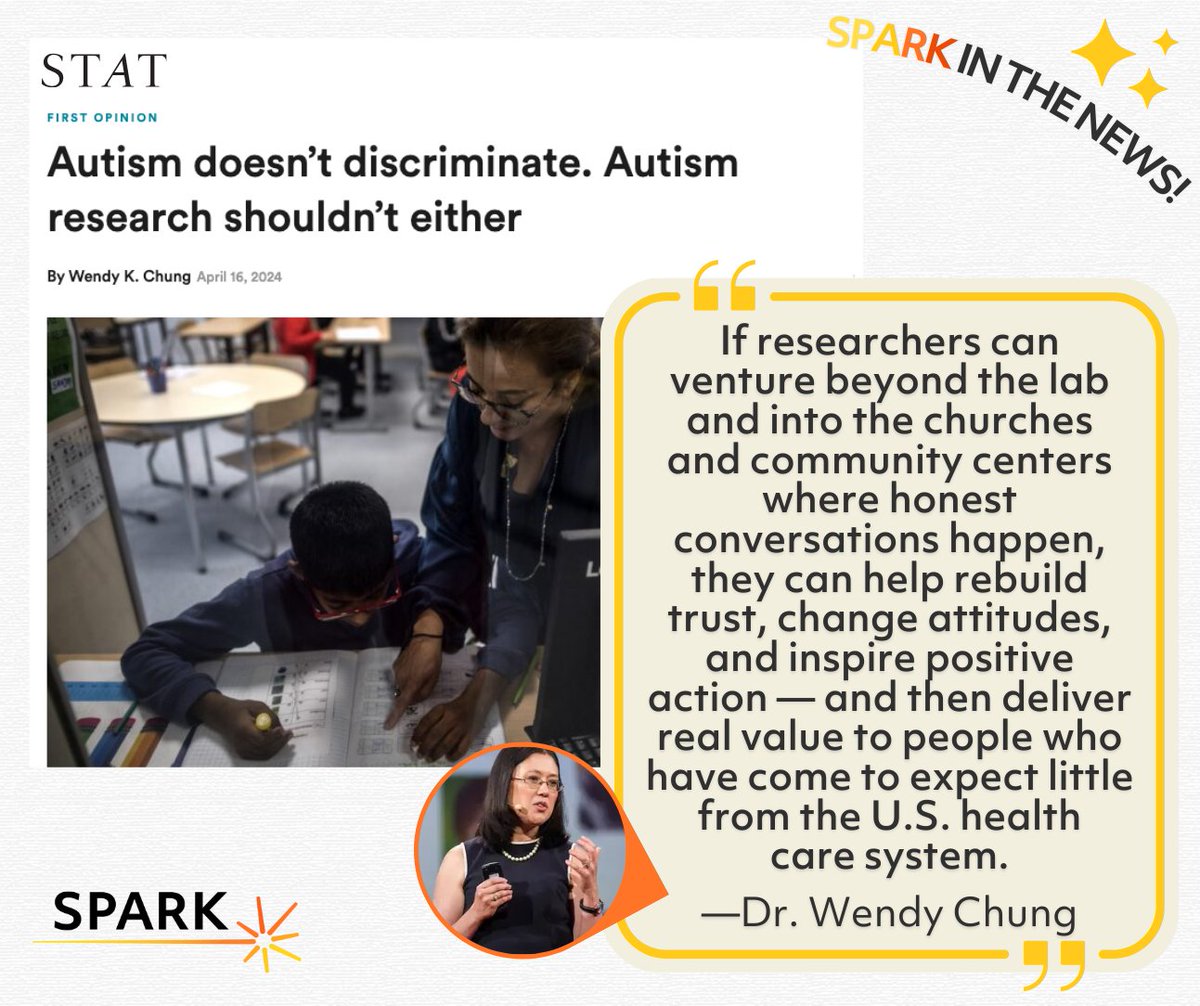 bit.ly/4aS5G6U 👈 Be sure to catch #SPARKintheNews with Dr. @WendyKChung's latest piece for @STATNews: 'Autism doesn't discriminate. Autism research shouldn't either.'