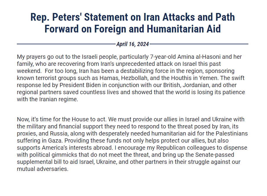My statement on Iran’s recent attack on Israel and the path forward in the House of Representatives.