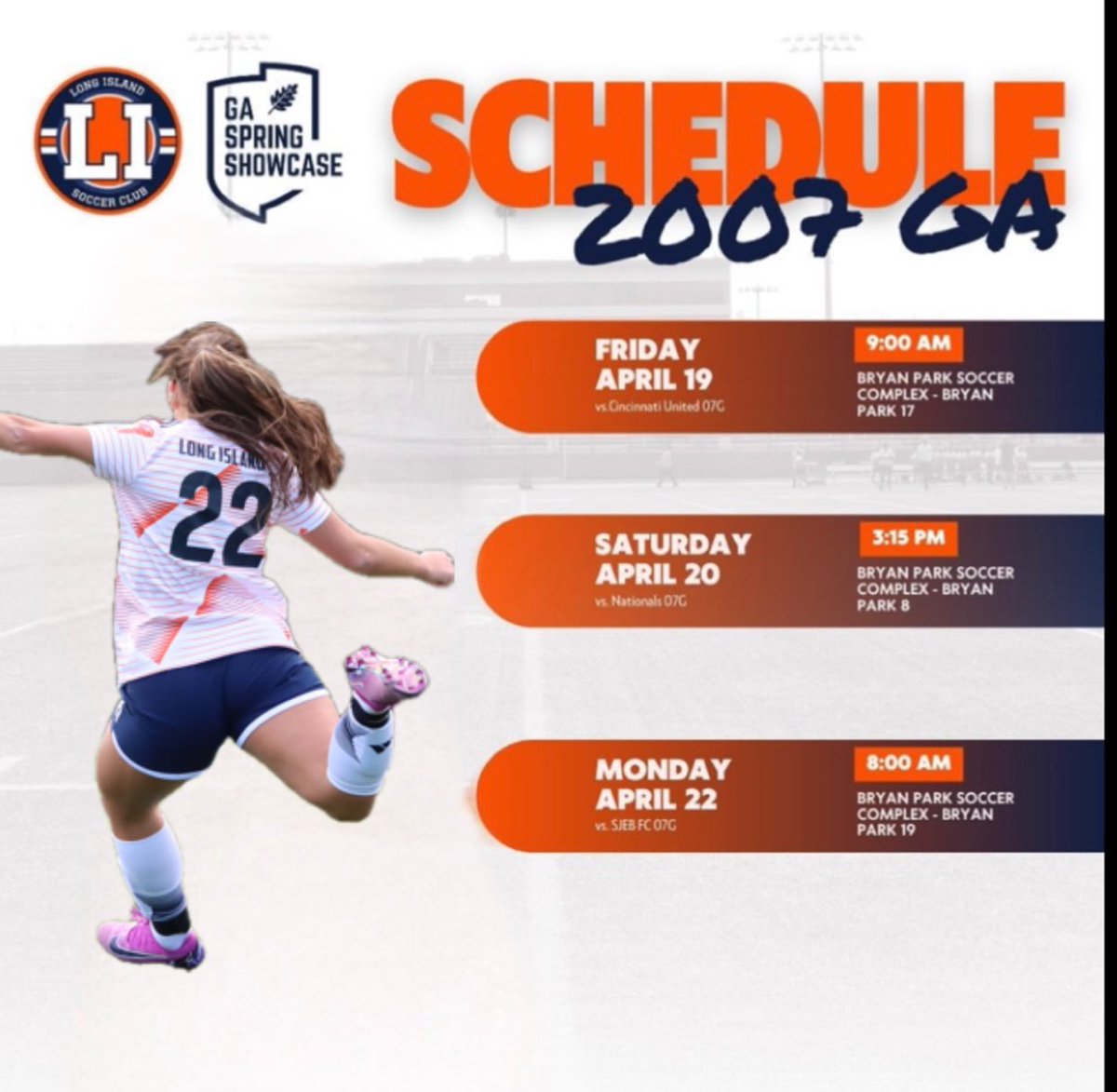 GA Spring Showcase Schedule below! Come down and watch some competitive play⚽️

#Classof2025 @LISoccerClub @GAcademyLeague #NewsdayTop100⚽️ #AllCounty #AllState #NationalHonorSociety

@TopPreps @ImYouthSoccer  @ImCollegeSoccer @SoccerMomInt @SSN_NCAASoccer @UWAA_United…