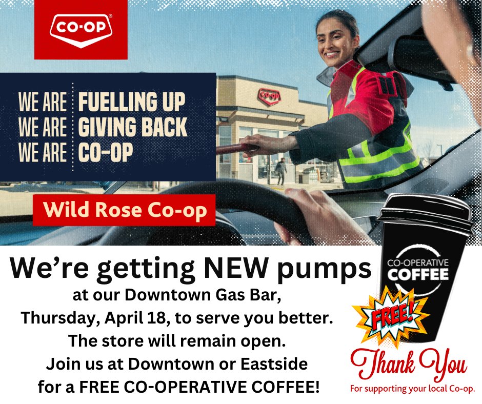 We're thrilled to announce that we'll be installing NEW pumps at our Downtown Gas Bar this Thursday, April 18th, to take your fueling experience to the next level! We're inviting you to join us at either Downtown or Eastside for a FREE CO-OPERATIVE COFFEE on the house! ☕️✨