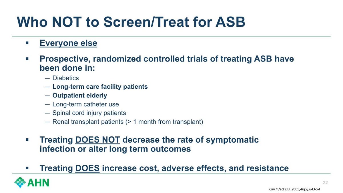 Let's stick with procedures for a minute. When should we be getting preoperative urine cultures? UROLOGIC procedures. That's it. This is screening for asymptomatic bacteriuria. That's for pregnant patients and those getting urologic procedures. That's about it. 9/