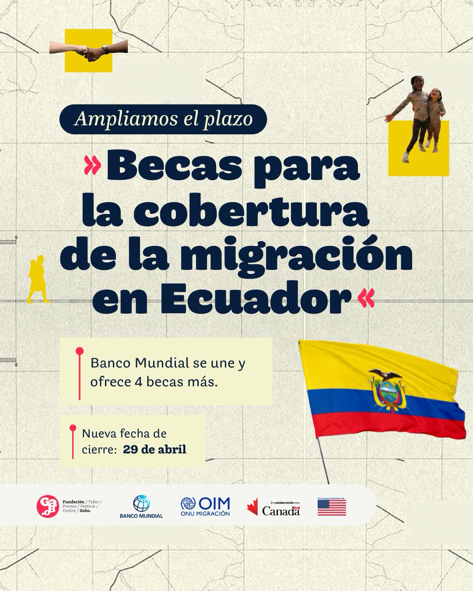 📢¡Periodistas en Ecuador, ahora tienen más tiempo para postularse y más oportunidades de ser seleccionados! El @BancoMundial se ha unido a esta alianza entre la Fundación Gabo y la @OIMEcuador, ofreciendo 4 becas más, cada una por 3.000 USD.💸 Postula➡️bit.ly/4cuNa6m