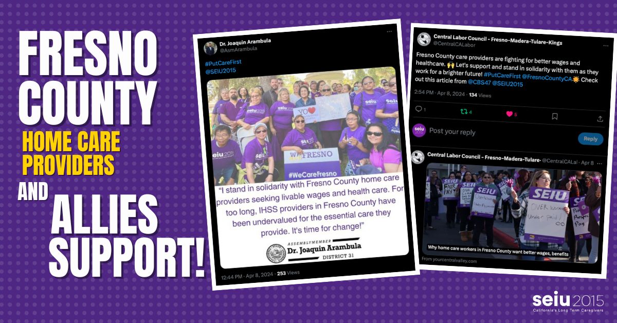 Fresno Caregivers, mostly women of color, have lost one third of their buying power since 2015. That’s why caregivers/care allies are calling out the Board of Supervisors to protect healthcare and say YES to our settlement proposal! Read more here 📰 seiu2015.org/fresno-county-…