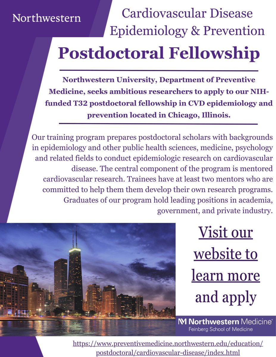 Looking for postdoctoral training in cardiovascular disease epidemiology and prevention? We have an amazing team of dedicated mentors and ample data to jump start your independent research career at ⁦@NUPrevMed⁩! Please check out our website.