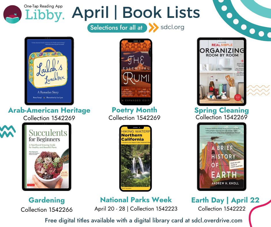 Access our April collections with your digital library card. Find more info at sdcl.org/card and start downloading eBooks and Audiobooks onto your fav reading devices today!