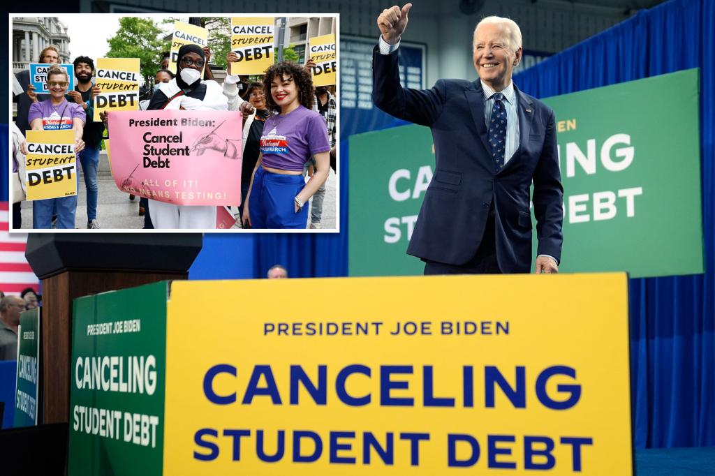 nypost's tweet image. Biden’s student loan cancellations to cost taxpayers $559B, $300K income households biggest beneficiaries: study trib.al/5ej3ORW