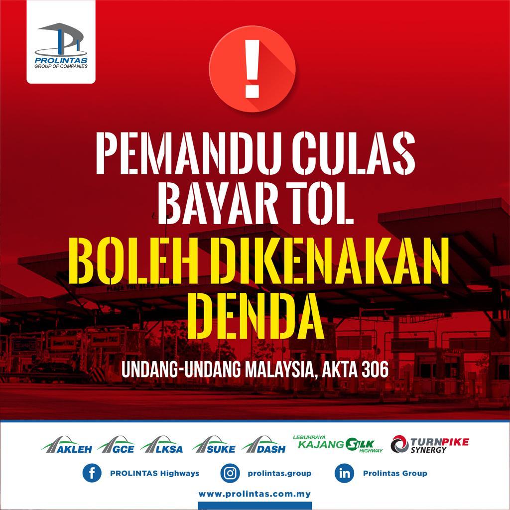 Selain dari akan dikenakan denda, anda juga membahayakan pemandu lain. jangan culas bayar tol! #PROLINTASHighways #InfoTrafikDASH #PesanPROLINTAS #PROLINTASAnnouncement