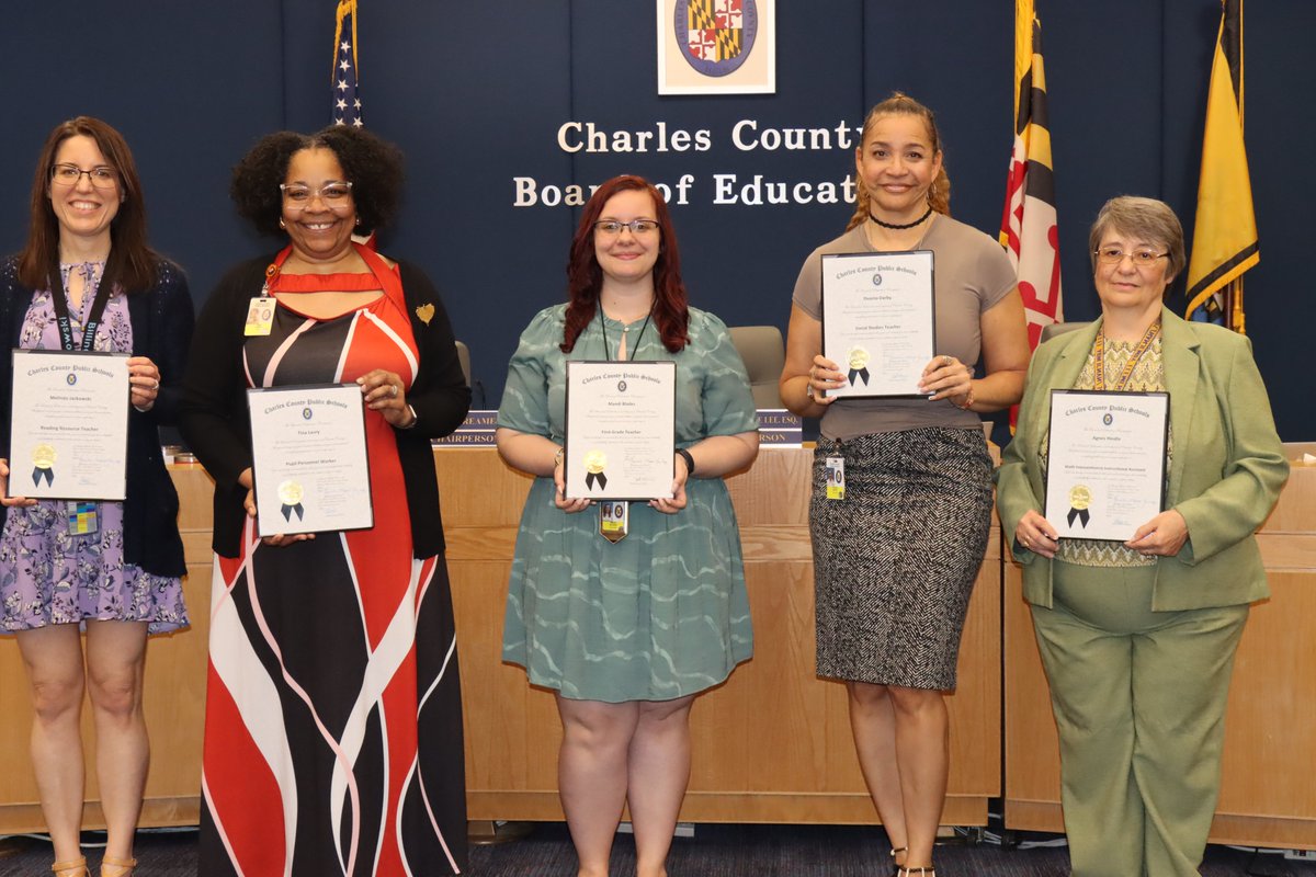 During its April 16 meeting, the Board of Education honored five Charles County Public Schools (CCPS) staff members for their dedication to students and a commitment to teaching and learning. To read about the honorees, visit, bit.ly/3JnIXEm.