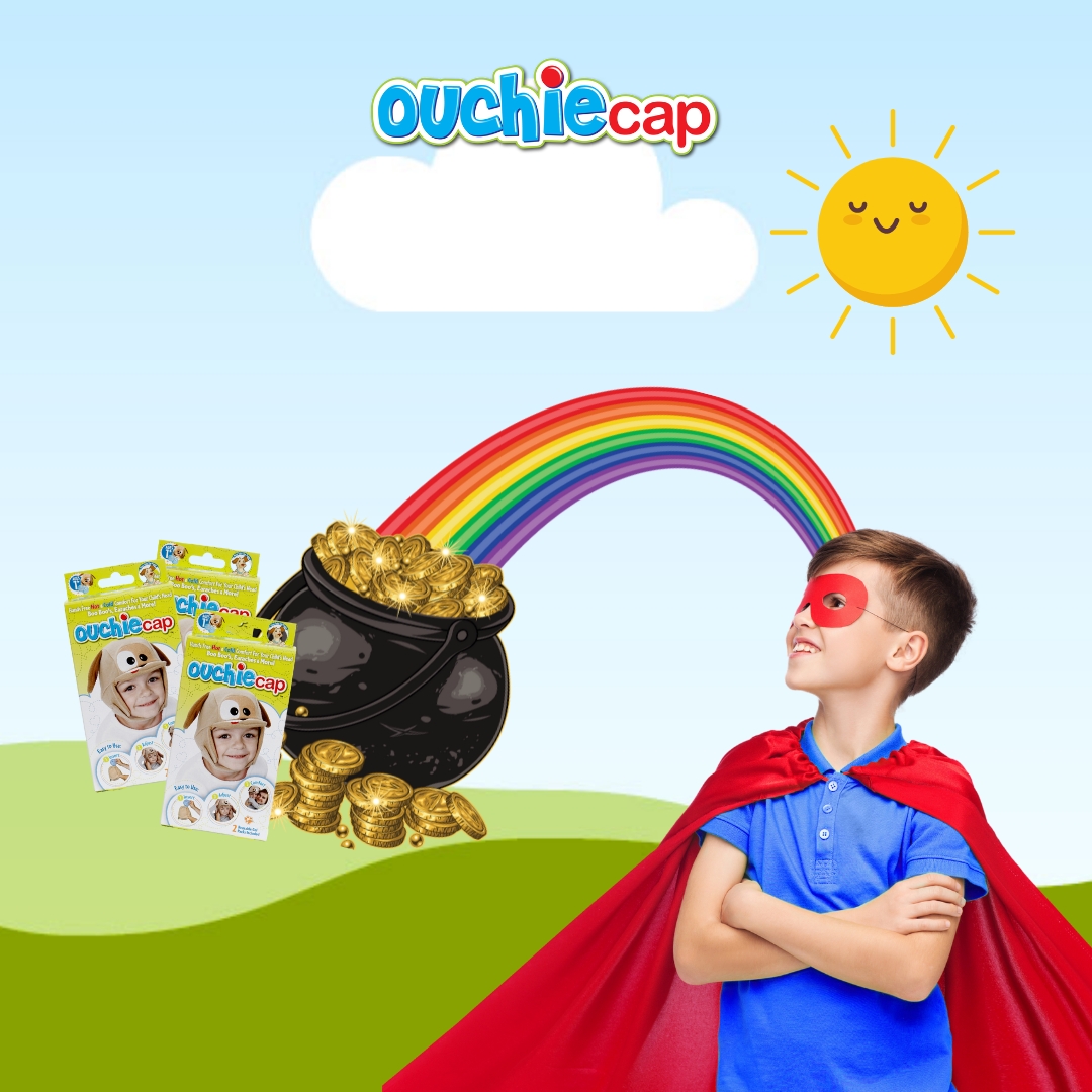 ouchiecap's tweet photo. Looks like this little superhero struck gold at the end of the rainbow – our Ouchie Cap! Join the adventure and find relief for your little one's boo-boos. #PotOfGold #OuchieCap #FirstAidForKids #MakeHealingFun https://t.co/rRO587u8oN https://t.co/s7roI4YXQ4