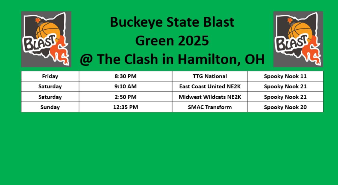 Here is my team’s schedule for the clash this weekend in Cincinnati! 
<a href="/The_Blast_AAU/">Buckeye State Blast Girls Basketball</a>