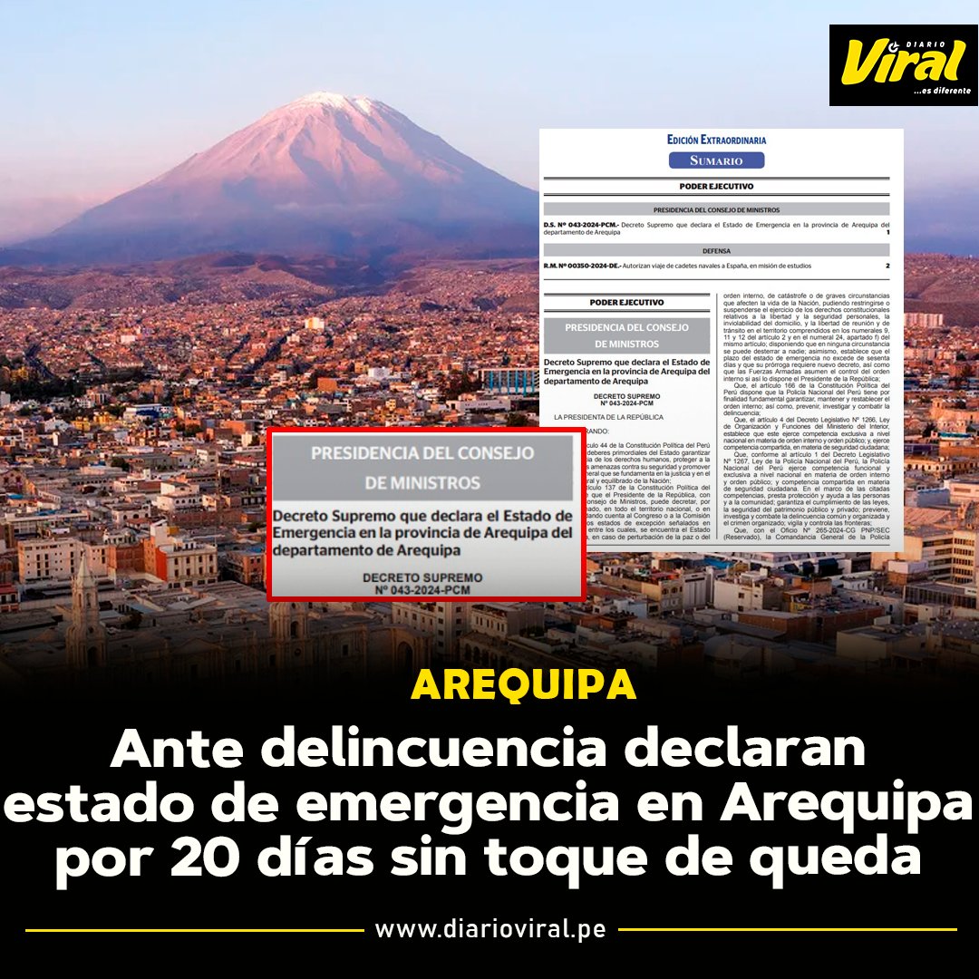🟡⚫ #DiarioViral | 👉 #LoÚltimo Declaran emergencia por 20 días en Arequipa ante ola de inseguridad.