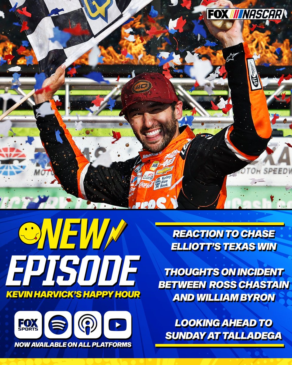 🚨NEW EPISODE🚨 @KevinHarvick's Happy Hour presented by @NASCARonFOX! 🏁 Reaction to Elliott's win 🏁 Thoughts on Byron & Chastain 🏁 A look ahead to 'Dega 🏁 And much more! New episode ➡️ link.chtbl.com/CgtlDJUZ