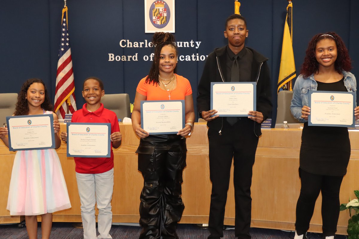 The Board of Education at its April 16 meeting recognized five Charles County Public Schools (CCPS) students for outstanding achievements in academics, personal responsibility and career readiness. To read who all were honored visit, bit.ly/3JlFgij.
