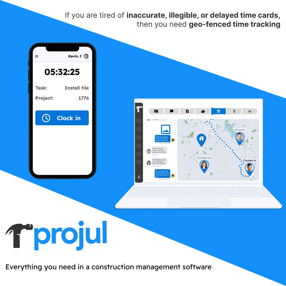 🚧 If you're tired of the disorganization and hassle that comes with paper time cards, check out Projul's time tracking 🚧 Geofencing, live maps, and digital time cards make pay-day a breeze for admins and owners 👷

#construction #timetracking #projul