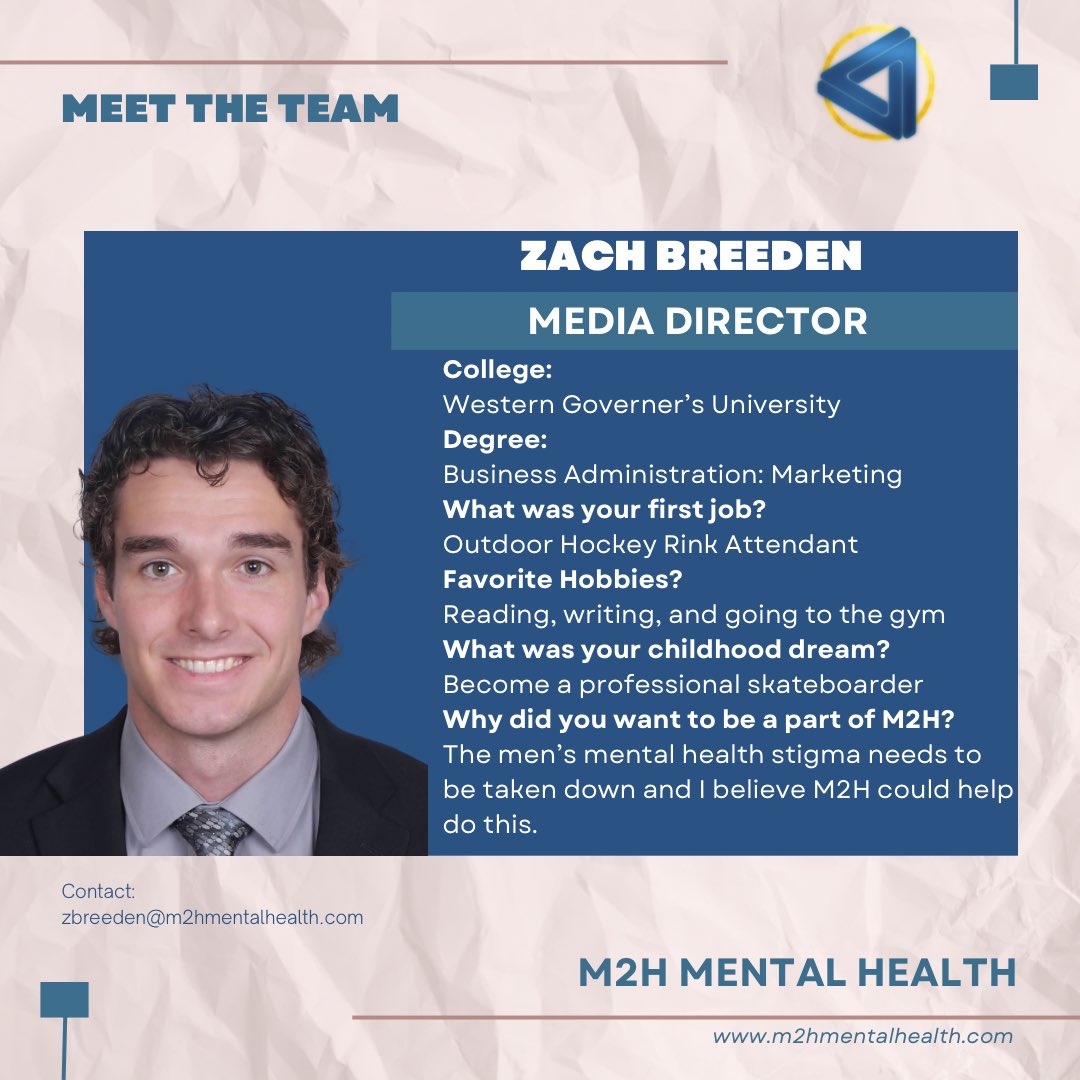 Meet the M2H Team: Zach Breeden  #M2HTeam #MensMentalHealth #MentalHealthAdvocates #SupportingMen
#M2HCommunity #EmpoweringMen
#TeamBehindM2H #BreakTheStigma
#MentalHealthAwareness #StrongerTogether
#M2HFam #MensWellness #M2HLeaders
#MentalHealthWarriors #MenSupportingMen