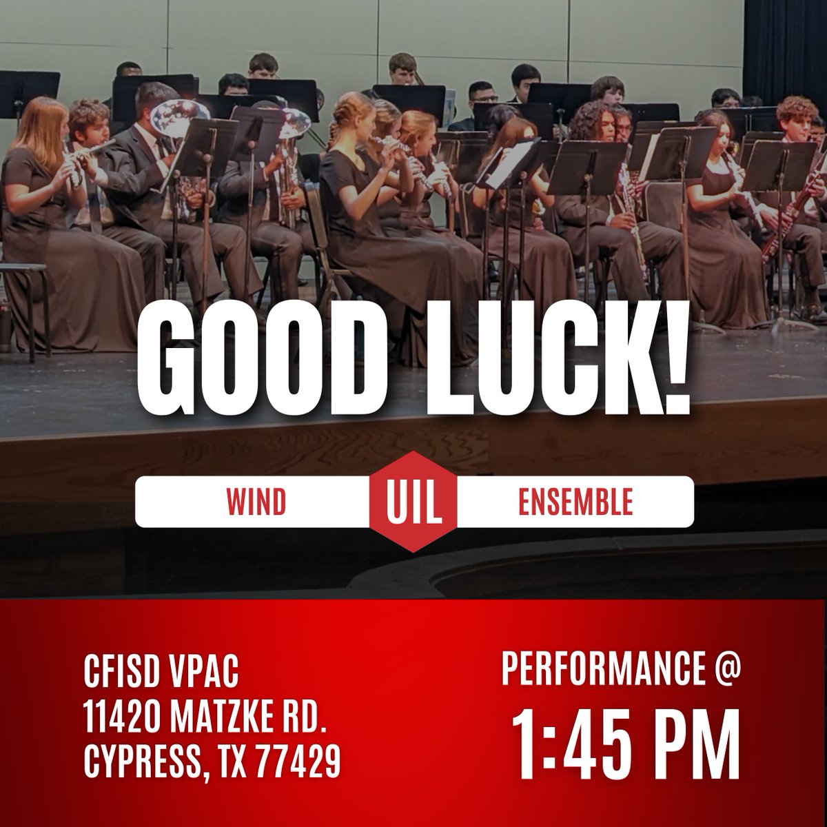 Good luck Wind Ensemble! Our mighty Lobos take the stage at the @VPACCFISD at 1:45 P.M. tomorrow, 4/17. We wish our musicians the best at UIL. #CFISDspirit #CFISDforAll #espiritucfisd #cyfairisd #cfisdnoticias #langhamcreekhs #jmtz10403 #cfisdmusic #cfisd_finearts #cfisdmusicman