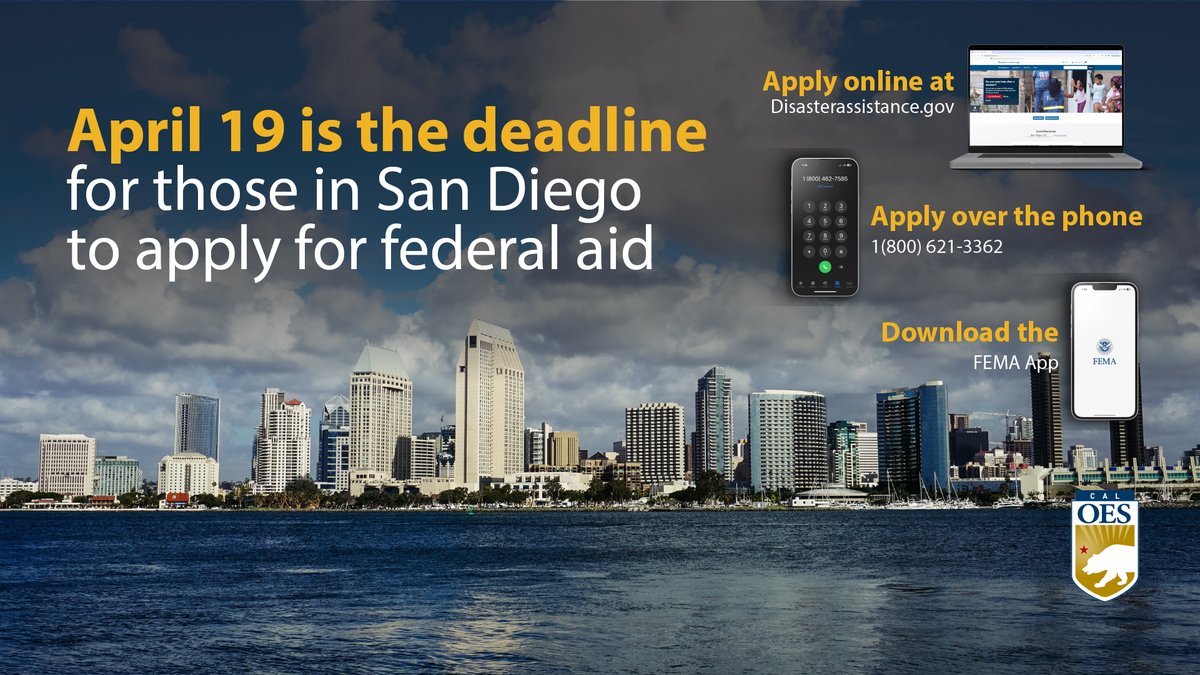 The deadline to apply for federal aid is just three days away for those in San Diego impacted by the late January storm. Two Disaster Recovery Centers in San Diego are also scheduled to close on April 19. Learn more: wp.me/pd8T7h-96J