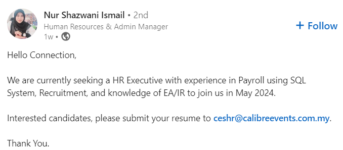 Vacancy Alert!!
Position : HR Executive

Interested candidates, please submit your resume to ceshr@calibreevents.com.my.

#kerjakosong #jawatankosong #peluangkerjaya #carikerja #hiringnow #jobstreet #MyFuturejobs
----------------------------
Follow @jobsharingMY for more job news