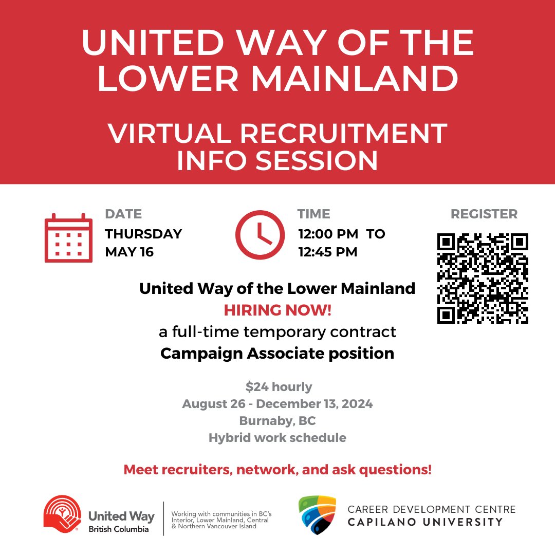 CDC is hosting United Way of the Lower Mainland VIRTUAL Recruitment Information Session.

Event registration link: experience.capilanou.ca/home/publiceve…

Meet recruiters, network, ask questions, and land a career opportunity!