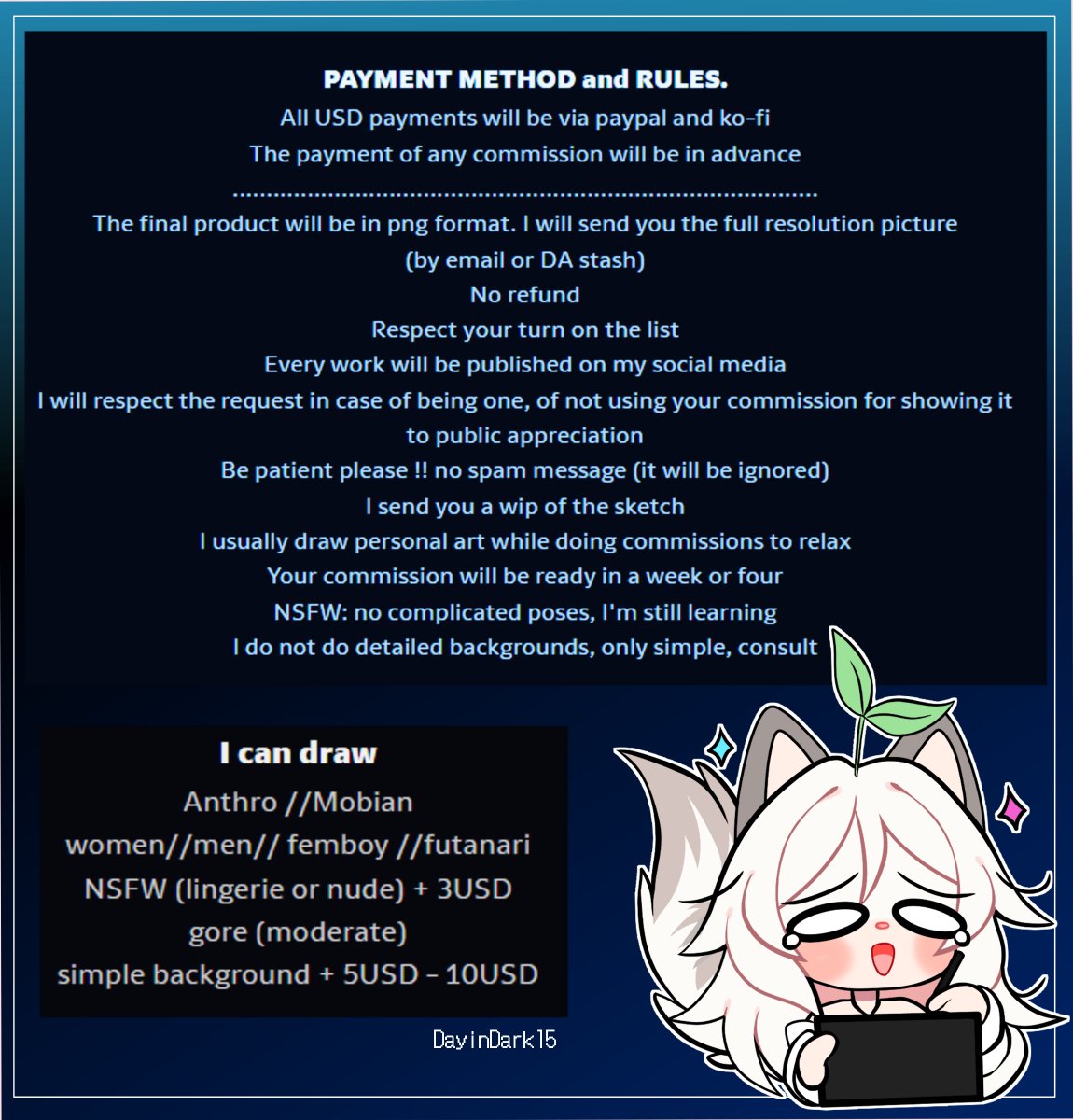 💙commissions OPEN April ------- -I only have three last slots available ✍️ -please read the rules 🙏 -paypal and kofi are accepted ------- the shares and reactions are appreciated 💙🤗✨